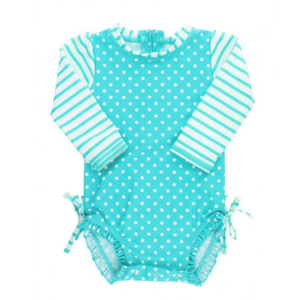 Ruffle Butts Blue and Cream Polka Dot Rash Guard Swimsuit Size 0-3 Months